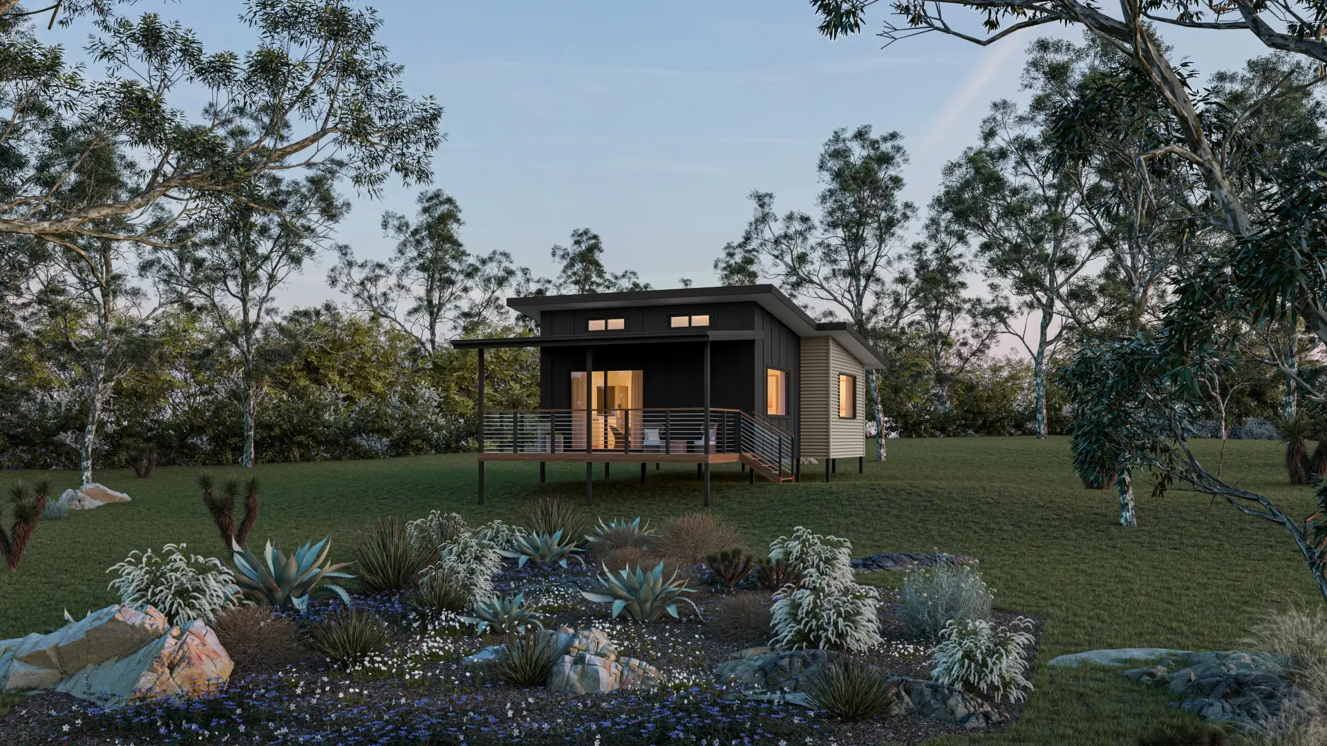 Elevated granny flat with a suspended floor designed for a sloping block on the Sunshine Coast