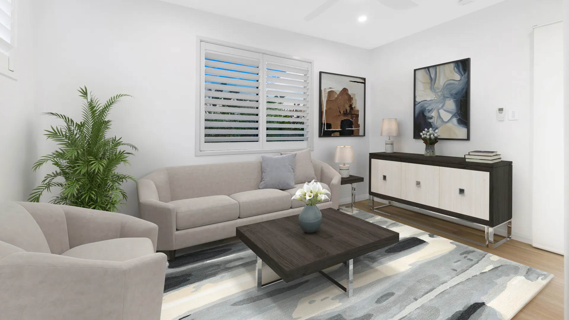 Finished granny flat living room with modern furnishings and compact layout