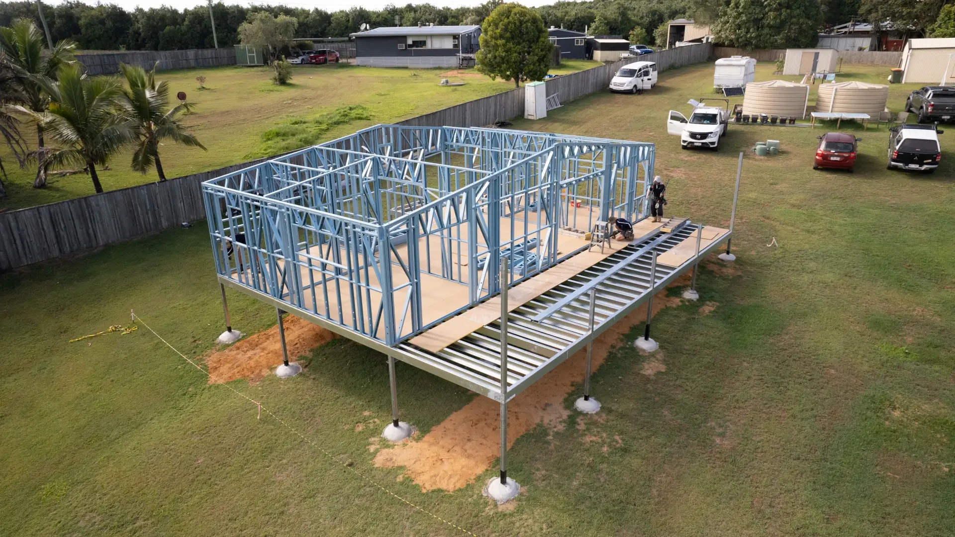 Steel-framed granny flat under construction on an elevated floor system