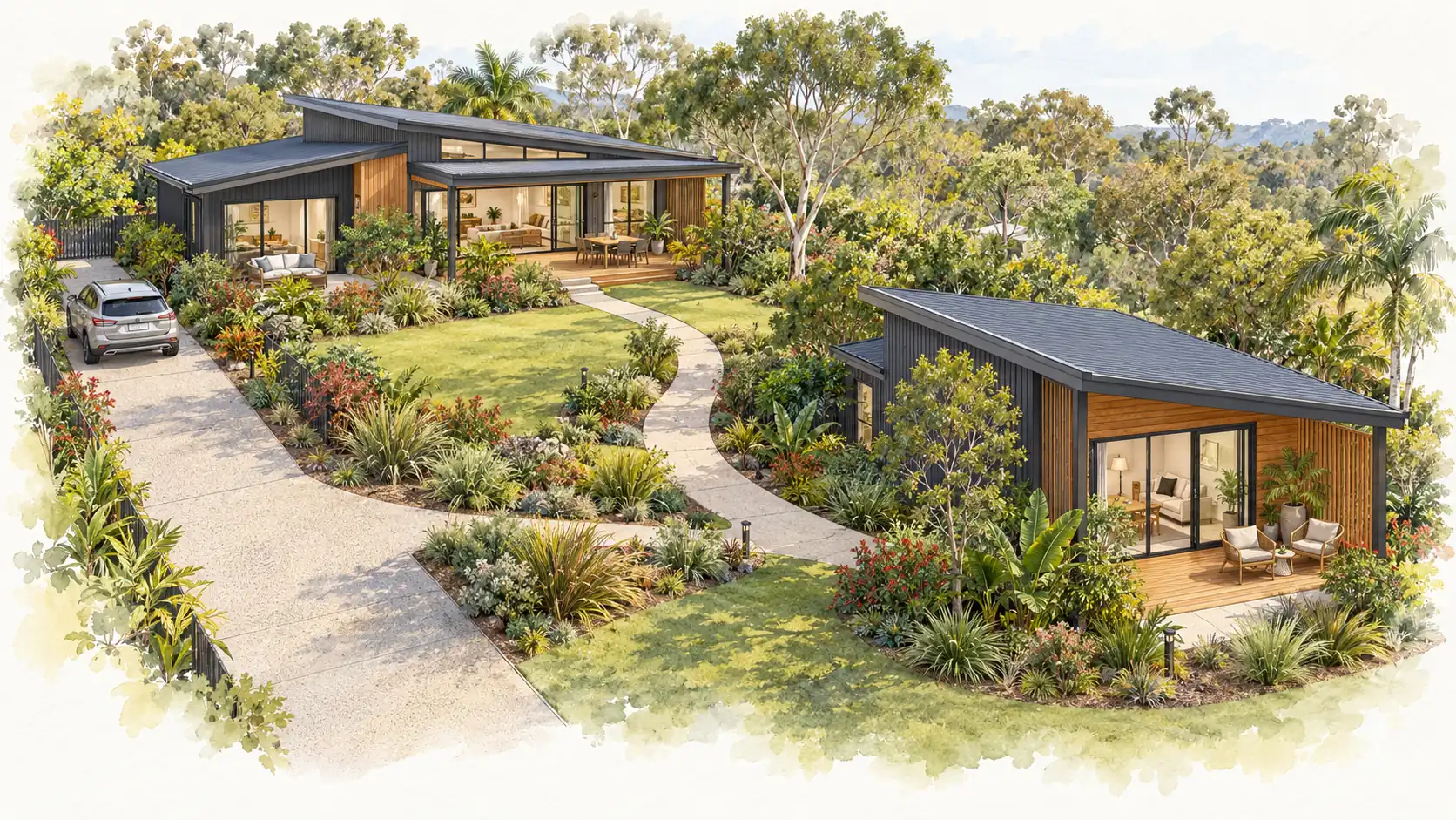 Connected Homes, Independent Living Architectural illustration of a family home and granny flat connected by a landscaped garden path