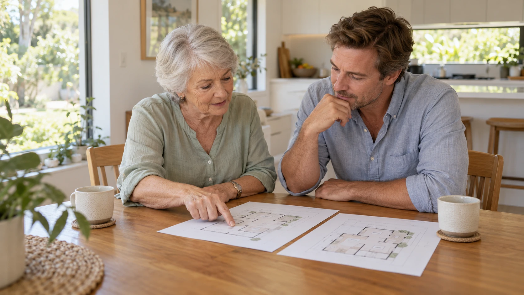 Planning a Home Together Mother and adult son reviewing housing plans together at a kitchen table