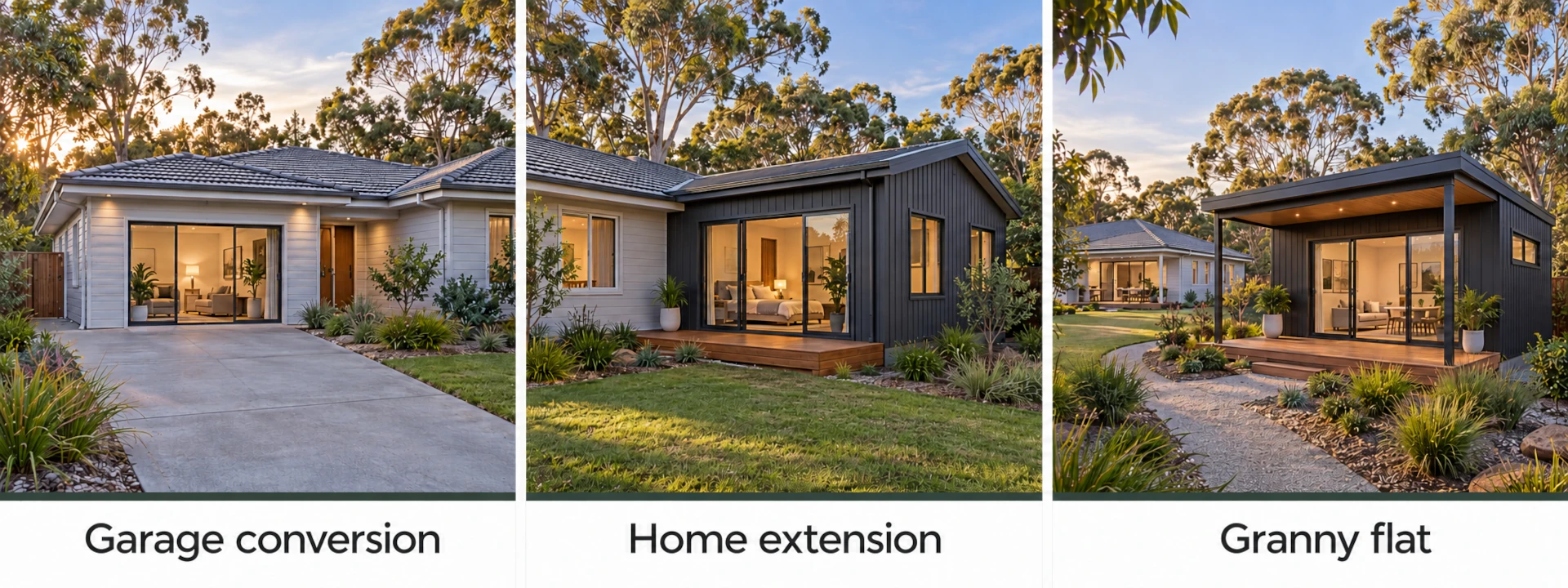 Illustrated comparison of a home extension, garage conversion and detached granny flat for ageing parents.