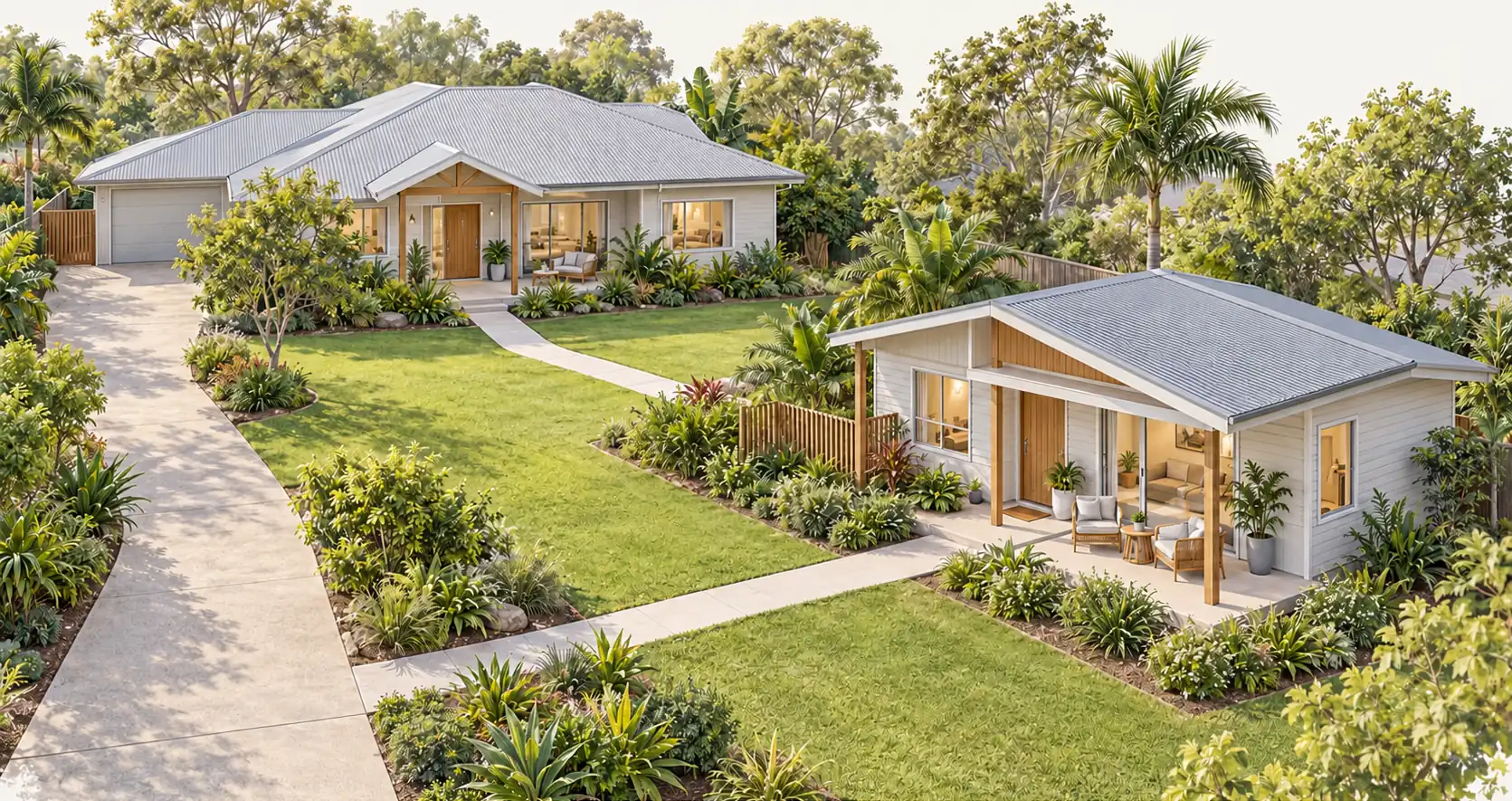 Main home and separate granny flat connected by a garden path, with private outdoor areas.